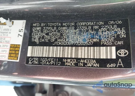 2007 Toyota Prius z USA, uszkodzony, nr VIN JTDKB20U773202537